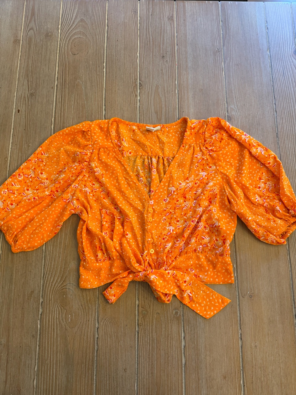 Joie Orange Floral Tie-Waist Blouse- Cropped